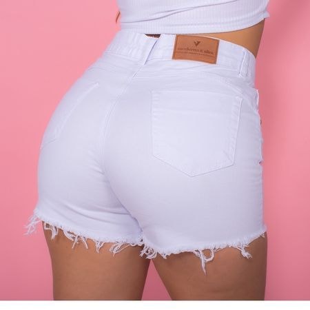 Shorts Jeans Branco Cintura Alta Barra Desfiada