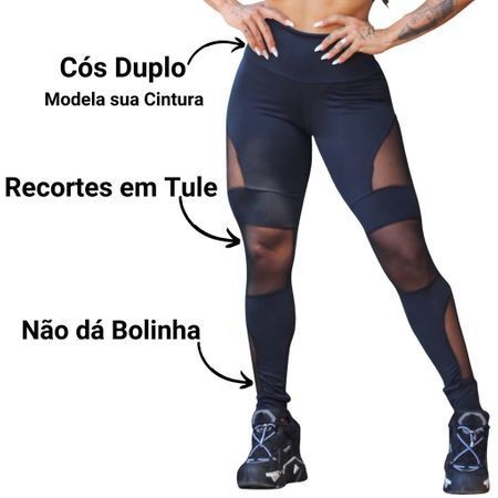 Calça Legging Fitness Suplex Grosso com Tule