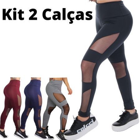 Kit 2 Calças Legging Fitness Suplex Grosso com Tule