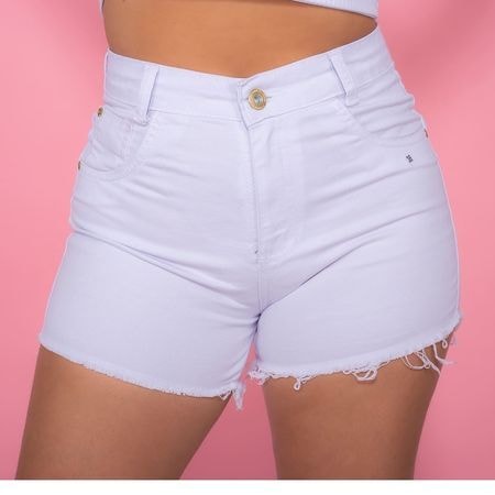 Shorts Jeans Branco Cintura Alta Barra Desfiada